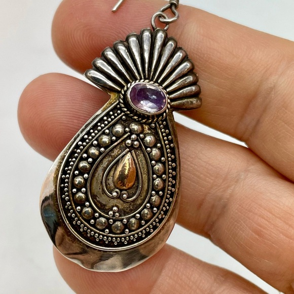 Boho Amethyst Dangle Earrings Sterling Silver Gold Large Tribal Bali 2 Tone - Picture 2 of 5